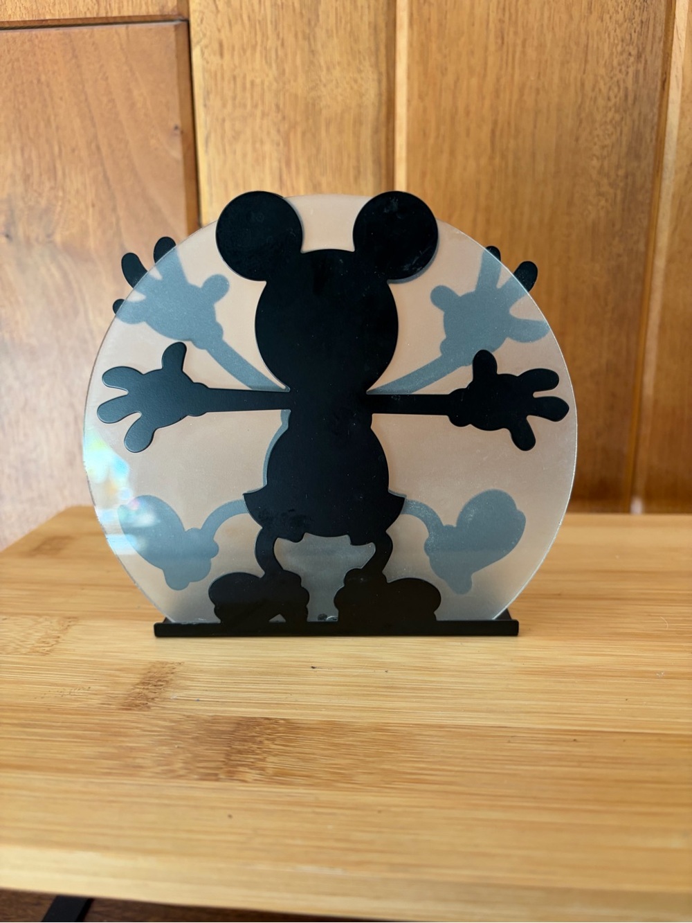 Disney Black Mickey Mouse Silhouette Glass Art Décor Tea Light Candle Holder!